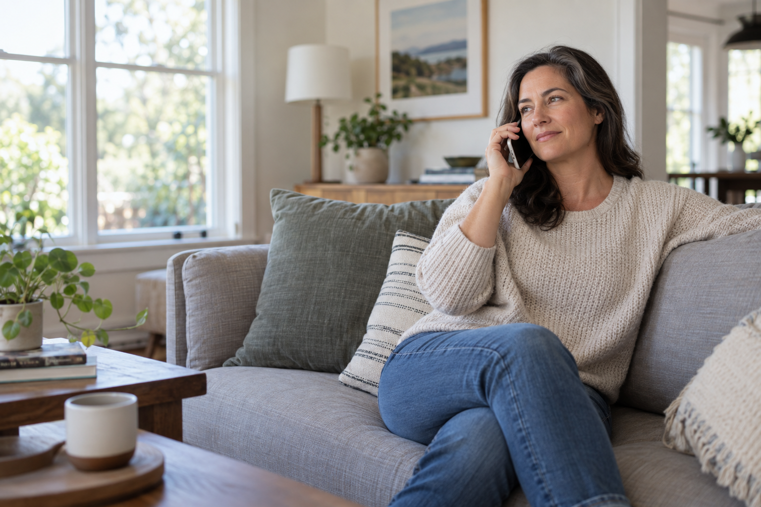 Patient speaking on the phone at home